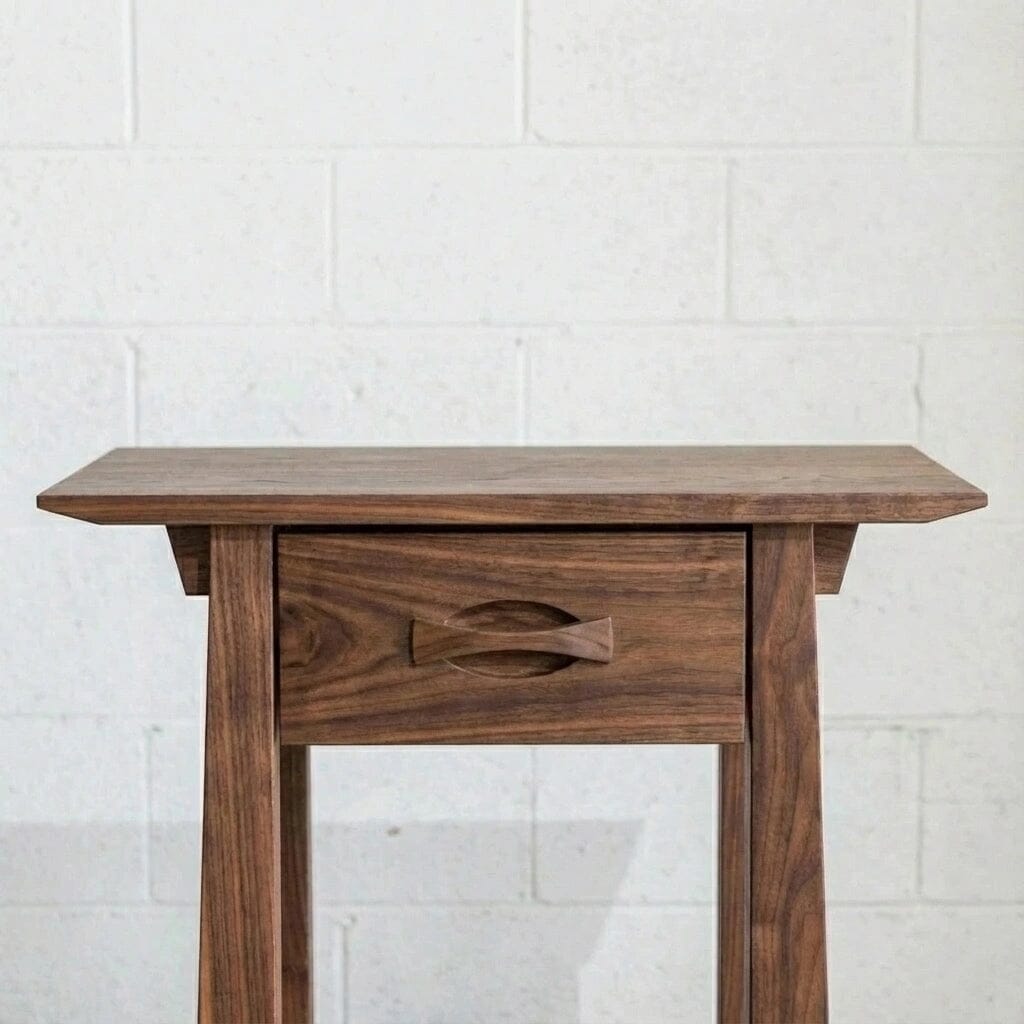 The Enso Side Table with Drawer in Walnut by TY Fine Furniture features solid wood construction, a modern Japanese-inspired design, clean lines, and a decorative handle, set against a plain white brick wall.