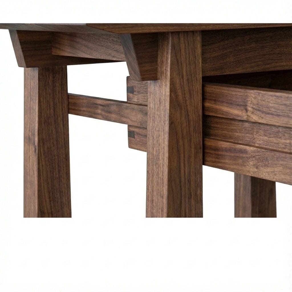 Close-up of the legs and underside of the Enso Side Table with Drawer in Walnut by TY Fine Furniture, highlighting solid walnut construction, fine joinery, rich grain patterns, and skilled handcrafted artistry.