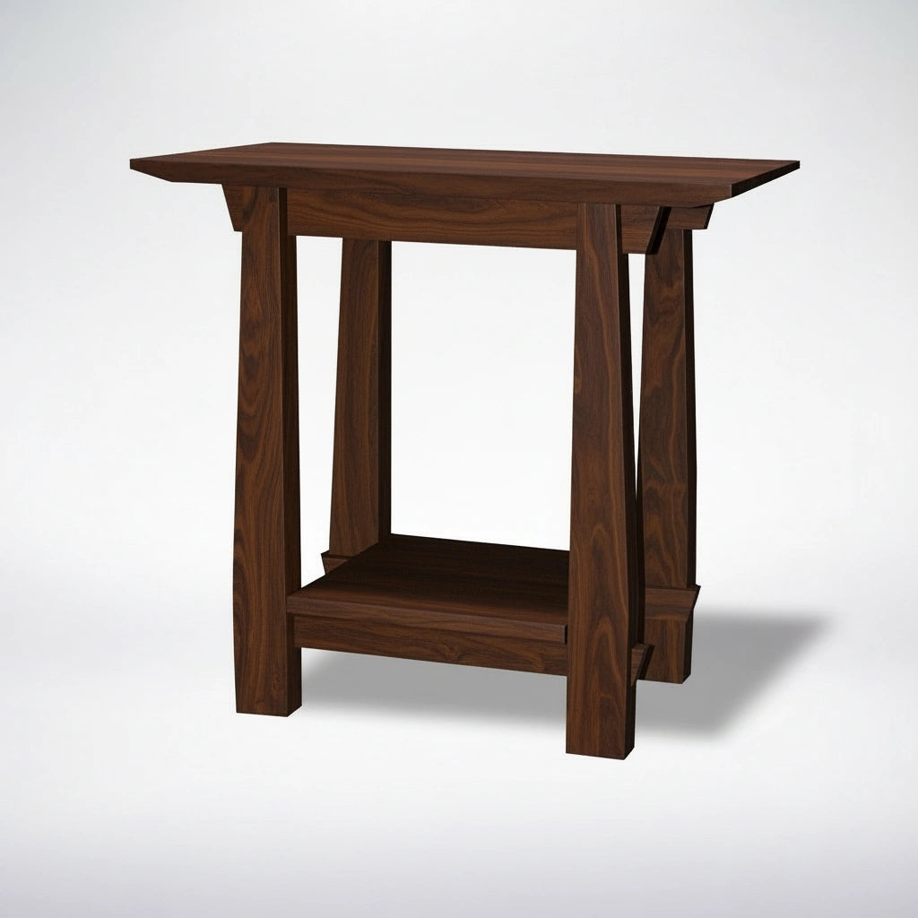 The Horizon Side Table Solid Wood - Walnut by TY Fine Furniture features a rectangular wooden top, four slanted legs, and a lower shelf with a Japanese-inspired design, shown against a plain white background.