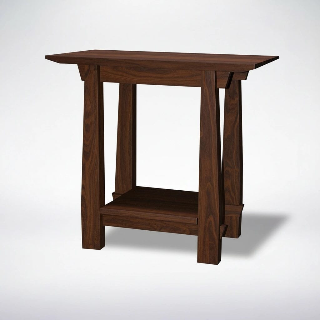 The Horizon Side Table in Walnut by TY Fine Furniture features a rectangular solid wood top, angled legs, and a lower shelf in a dark walnut finish, highlighting subtle Japanese design against a plain light background.