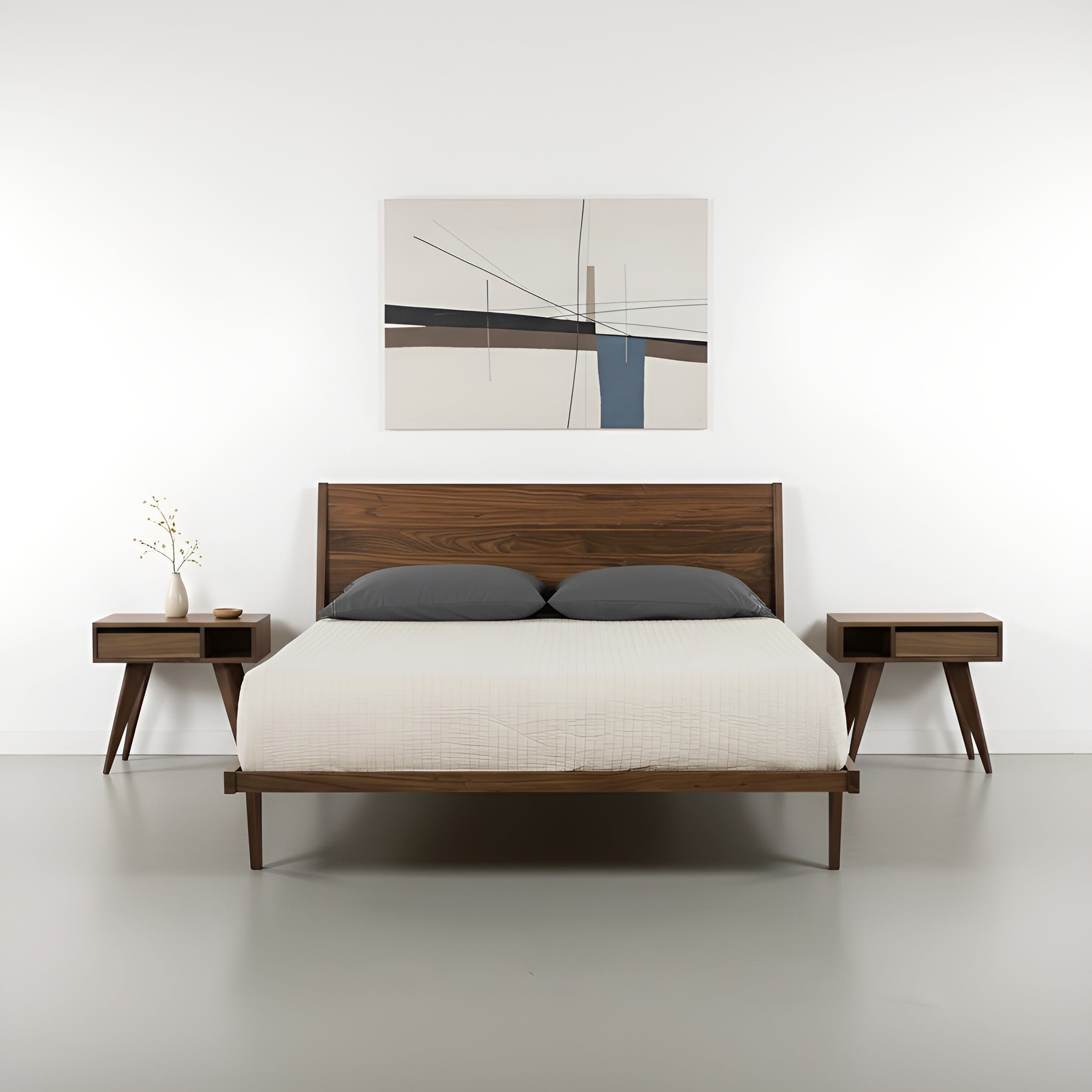 Front view of the Modern ONE Platform Bed and Modern Side Tables in black walnut, made in the USA using natural hardwood, by T.Y. Fine Furniture.
