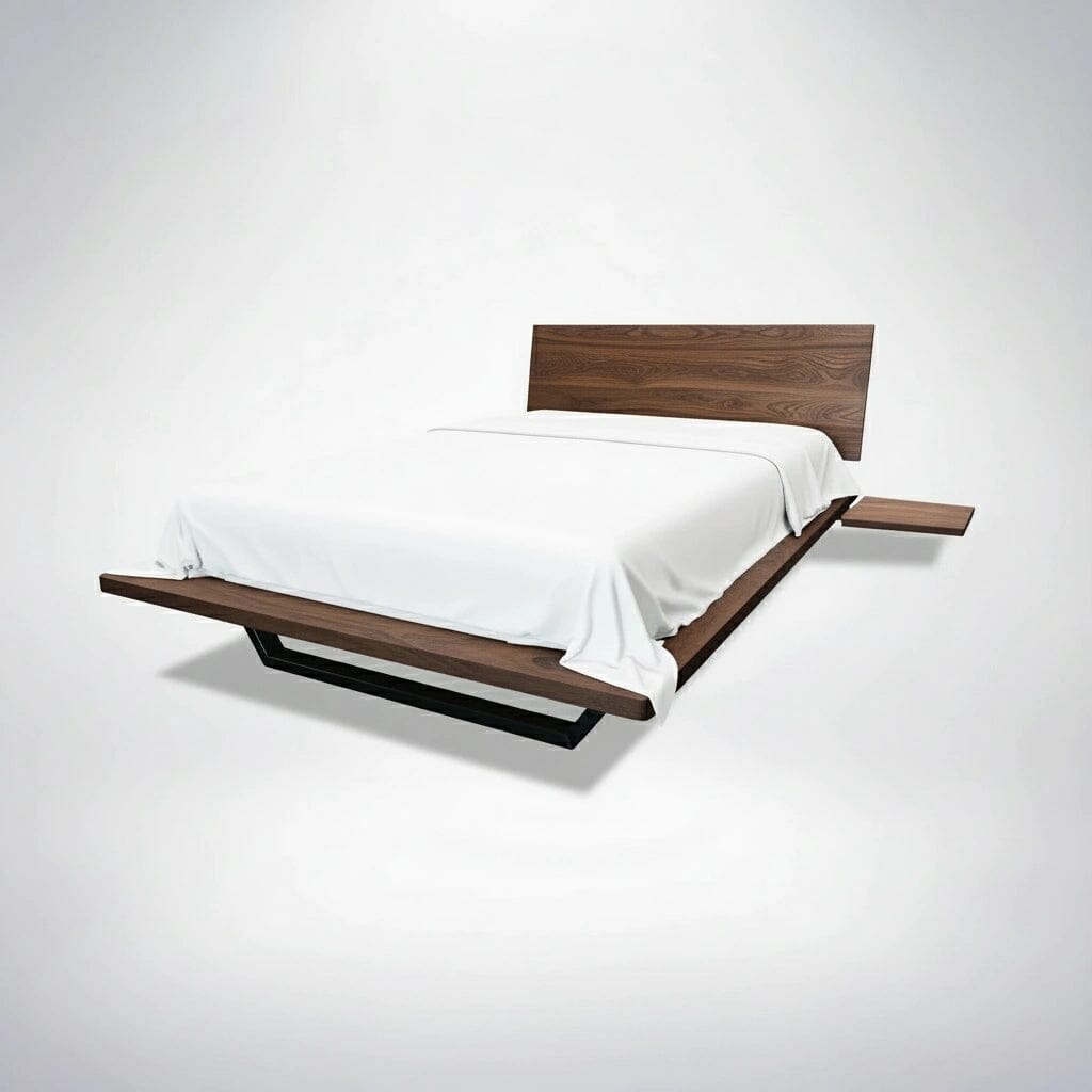 The TY Fine Furniture Nelson Solid Wood Platform Bed Frame features a minimalist walnut design, low headboard, white bedding, and an angled metal base, all crafted from premium dark hardwood walnut and shown on a plain white background.