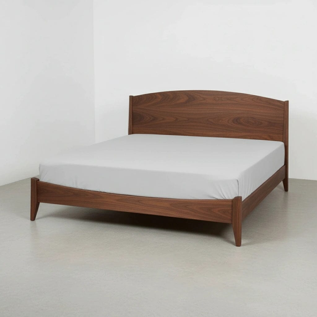 The Shaker Platform Bed in Walnut by T.Y. Fine Furniture features a curved headboard and minimalist design, paired with a mattress in a white fitted sheet, set in a bare room with light walls and floors.