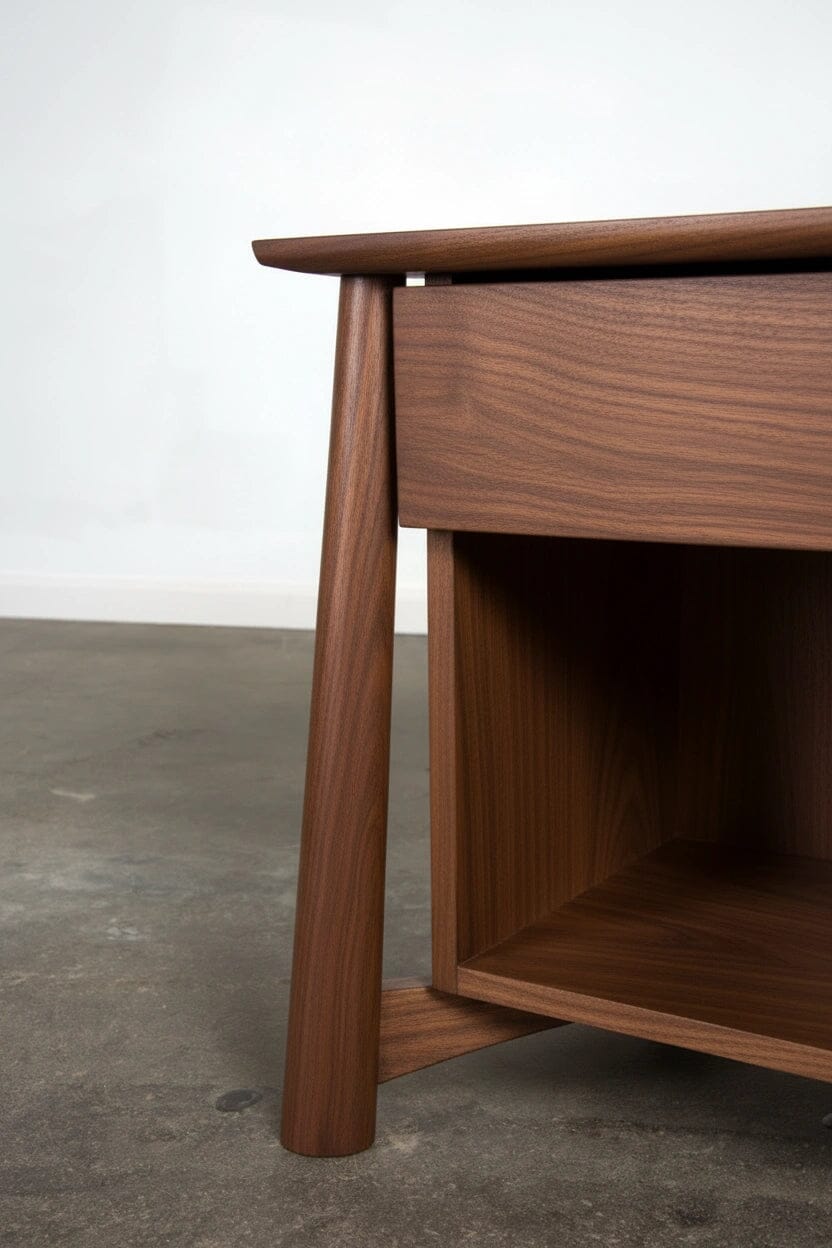 Close-up of the Sunrise Side Table - Walnut by TY Fine Furniture, featuring angled legs and a lower open shelf in natural solid wood, set on a concrete floor against a plain white wall.