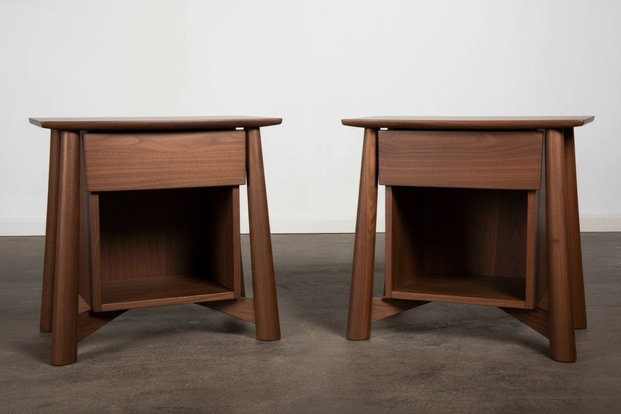 The Sunrise Side Table - Walnut by TY Fine Furniture features Japanese-inspired design with angled legs, a smooth dark finish, an open lower shelf, and a single drawer—perfect for elegant spaces with gray floors and white walls.