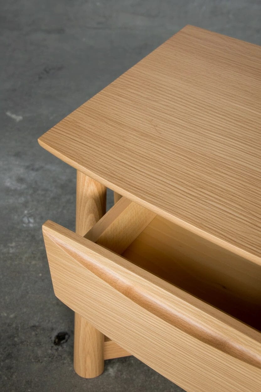 Close-up of the Sunrise Side Table - White Oak by TY Fine Furniture, showcasing its light wood grain and open drawer. This handcrafted, modern Japanese-inspired piece stands on a plain gray concrete floor.