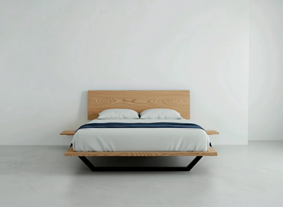 The Nelson Solid Wood Platform Bed Frame by TY Fine Furniture, crafted from American white oak, features a low oak frame, solid oak headboard, white mattress and bedding, two pillows, and a dark blue blanket against a plain white wall and floor.