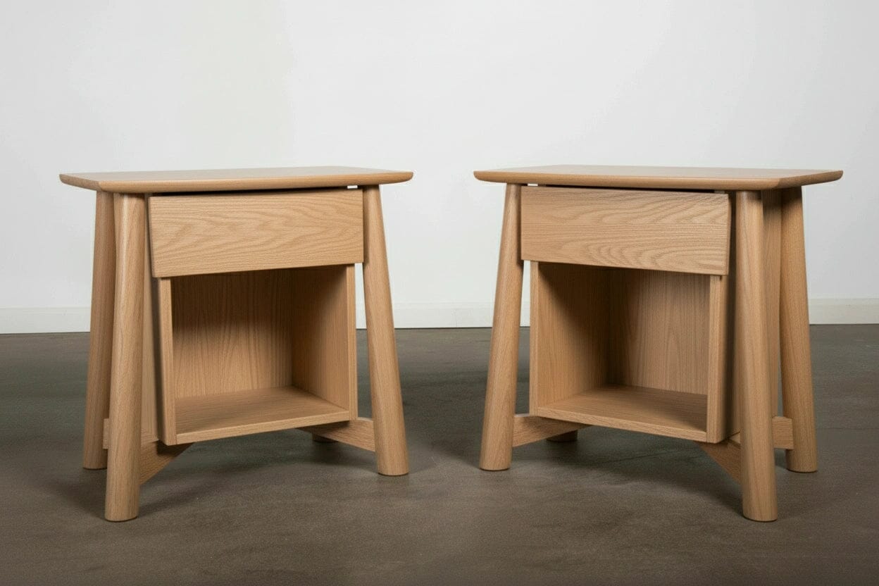 Two Sunrise Side Tables by TY Fine Furniture in white oak, each with a top drawer and open shelf, showcase minimalist Japanese-inspired design with angled legs. Displayed on a gray floor against a plain white wall.