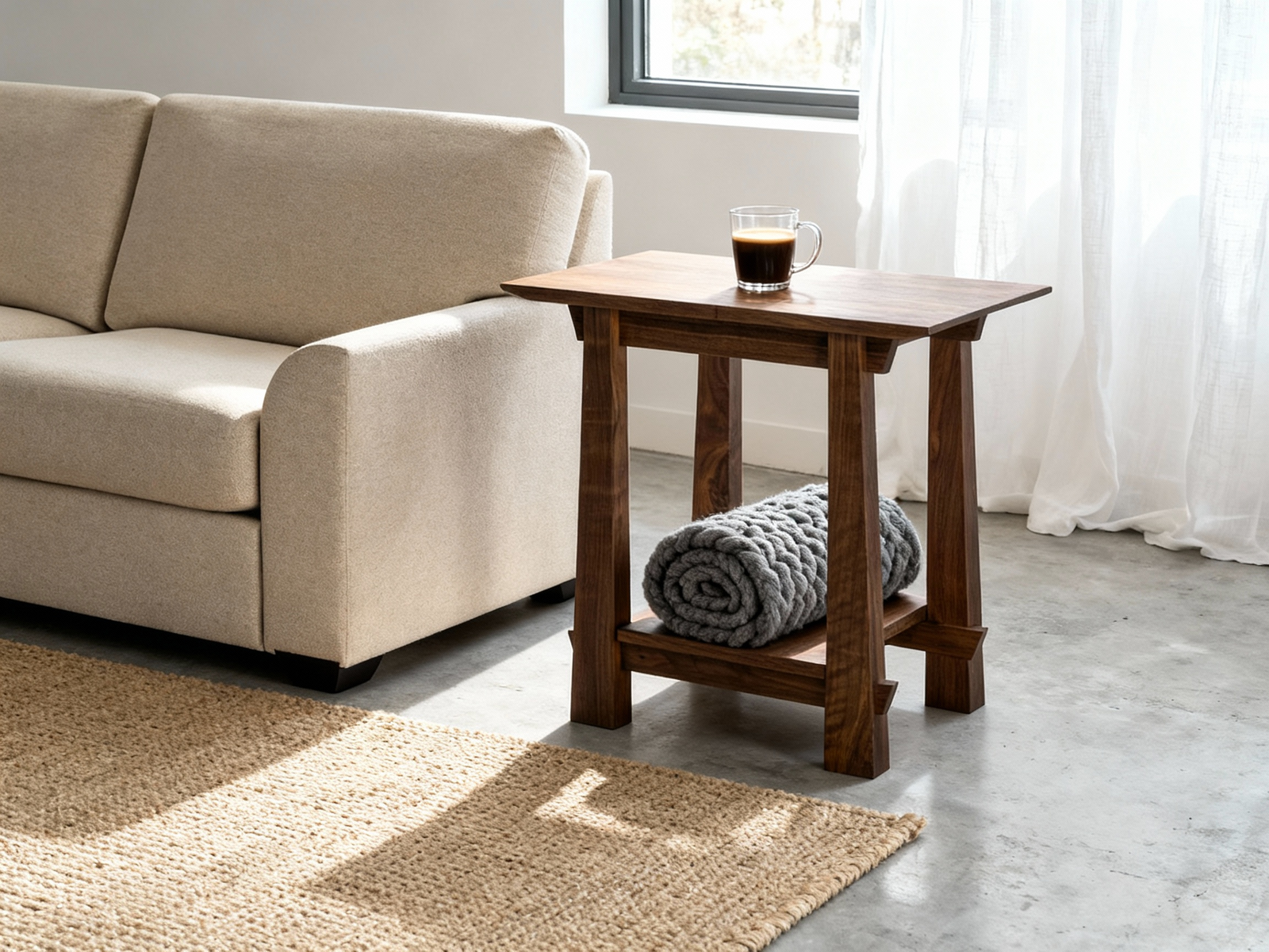 The Horizon Side Table Solid Wood in Walnut by TY Fine Furniture sits next to a beige sofa in a bright living room, holding a coffee cup on top and a rolled gray knitted blanket on its lower shelf, with a woven rug and large window nearby.