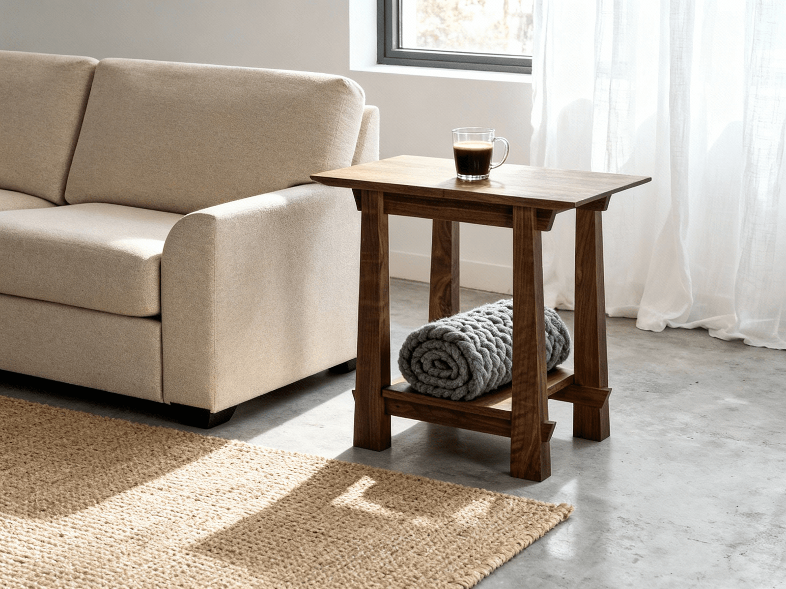 The Horizon Side Table in Walnut from TY Fine Furniture stands beside a beige sofa in a sunlit, modern living room with Japanese-inspired design, featuring a coffee glass on top and a gray knit blanket folded on its lower shelf.