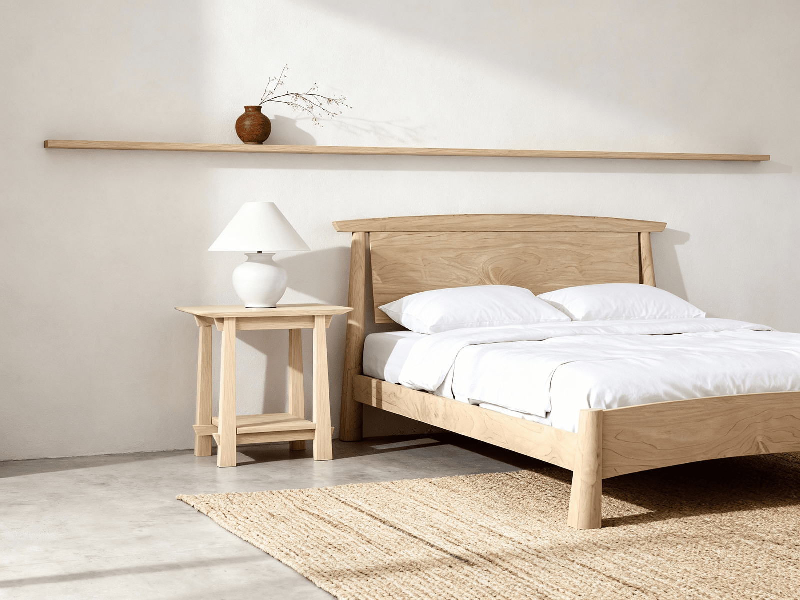 A minimalist bedroom with a light wood bed, white bedding, and the Horizon Side Table in Maple by TY Fine Furniture. A simple wall shelf with a brown vase, woven rug, and light-toned walls and floors complete this serene space.