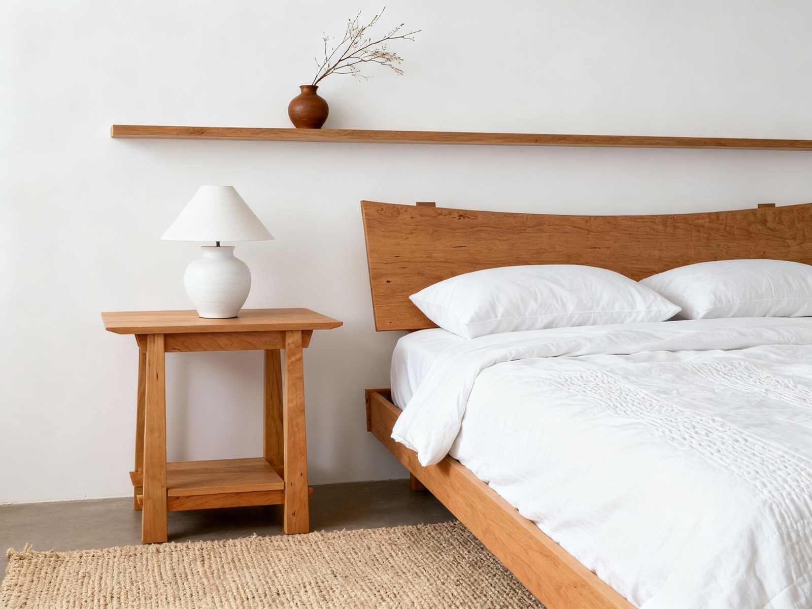 Minimalist bedroom featuring the TY Fine Furniture Horizon Side Table in solid cherry wood, paired with a cherry bed frame, white bedding and lamp, brown vase with dried branches, neutral tones, and a woven rug for a serene feel.