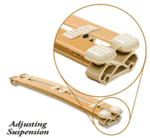 Illustration of the TY Sleep EuroSlat Foundation’s adjustable suspension system, featuring interlocking tan and white plastic components. An insert highlights its detailed structure for enhanced lower back support.