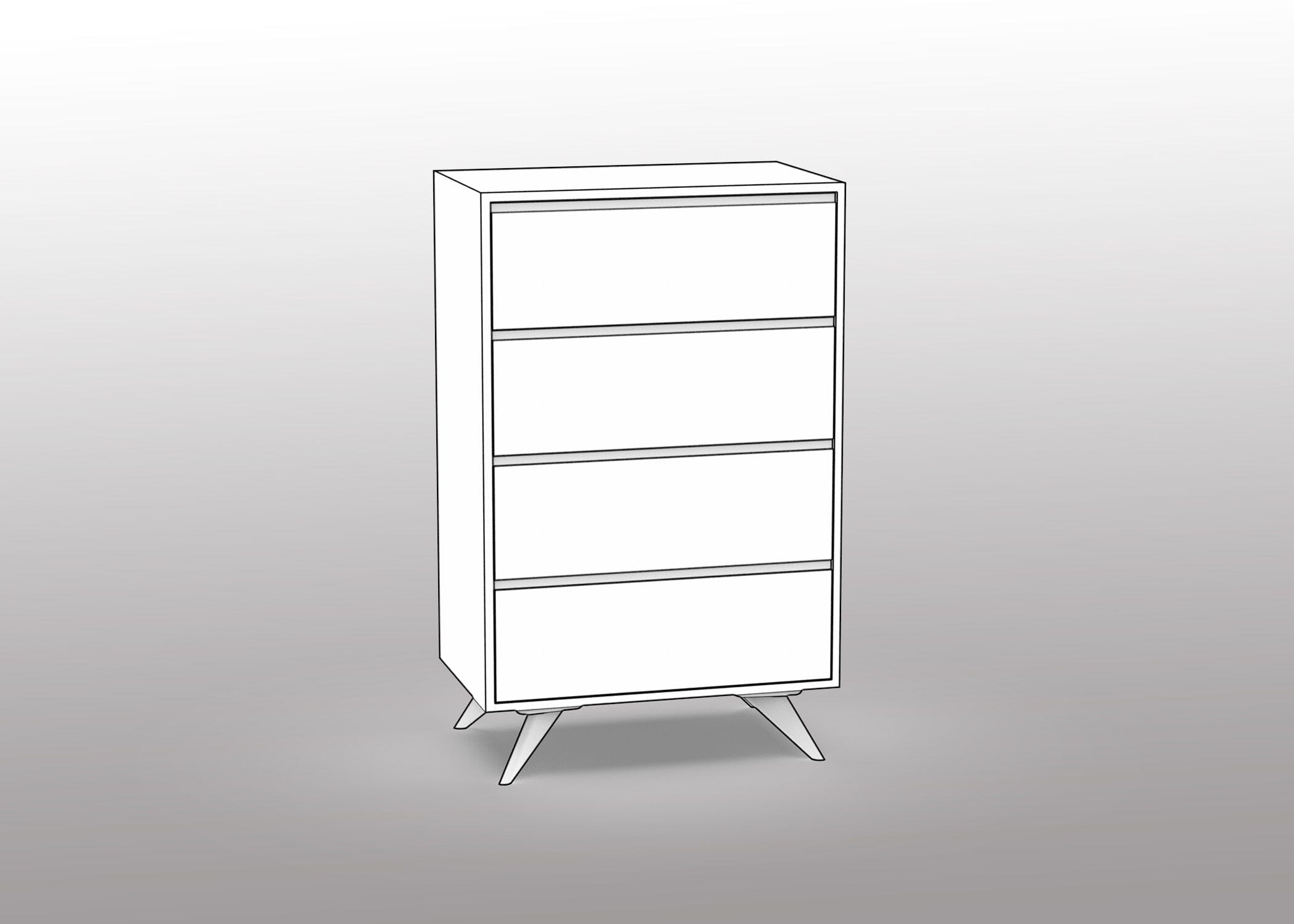 A simple black-and-white line drawing of the T.Y. Fine Furniture Custom Modern Dresser 2×3 - Option 3, a tall rectangular cabinet with four drawers and angled legs, shown beside a standard 18.5" deep bathtub on a gradient background.