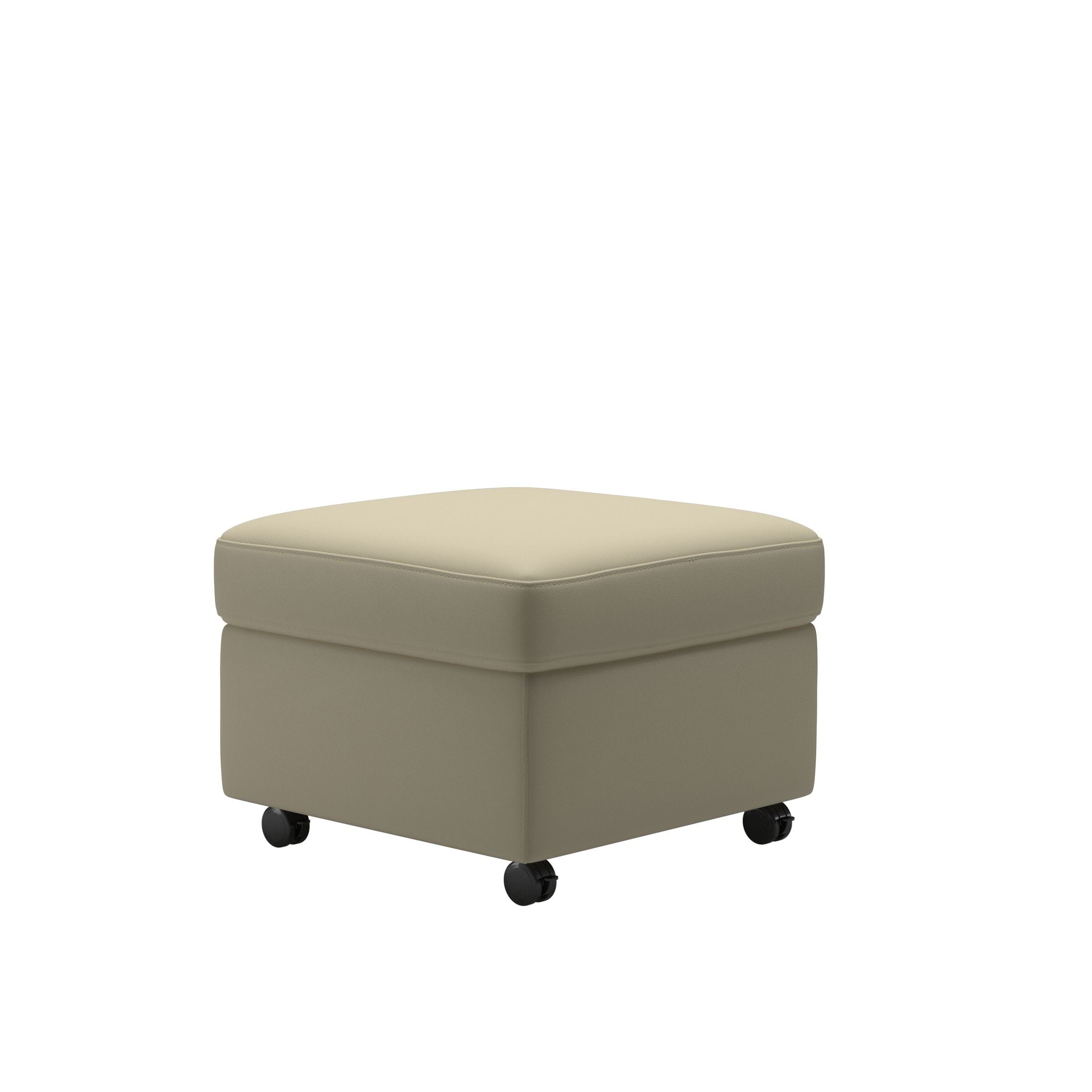 The Stressless Single Ottoman by Stressless is a square, light beige coffee table ottoman with smooth upholstery and four black caster wheels, ideal as living room storage furniture, shown against a plain white background.