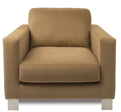 The American Leather Alessandro Chair by American Leather is a brown, modern armchair with a sturdy hardwood frame, eco-friendly foam cushions, square armrests, cushioned seat and backrest, and short rectangular metal legs. Shown against a white background.