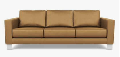 The American Leather Alessandro Sofa is a modern, three-seat tan leather sofa with square armrests, high-resiliency foam cushions, and silver metal legs by American Leather, shown against a plain white background.
