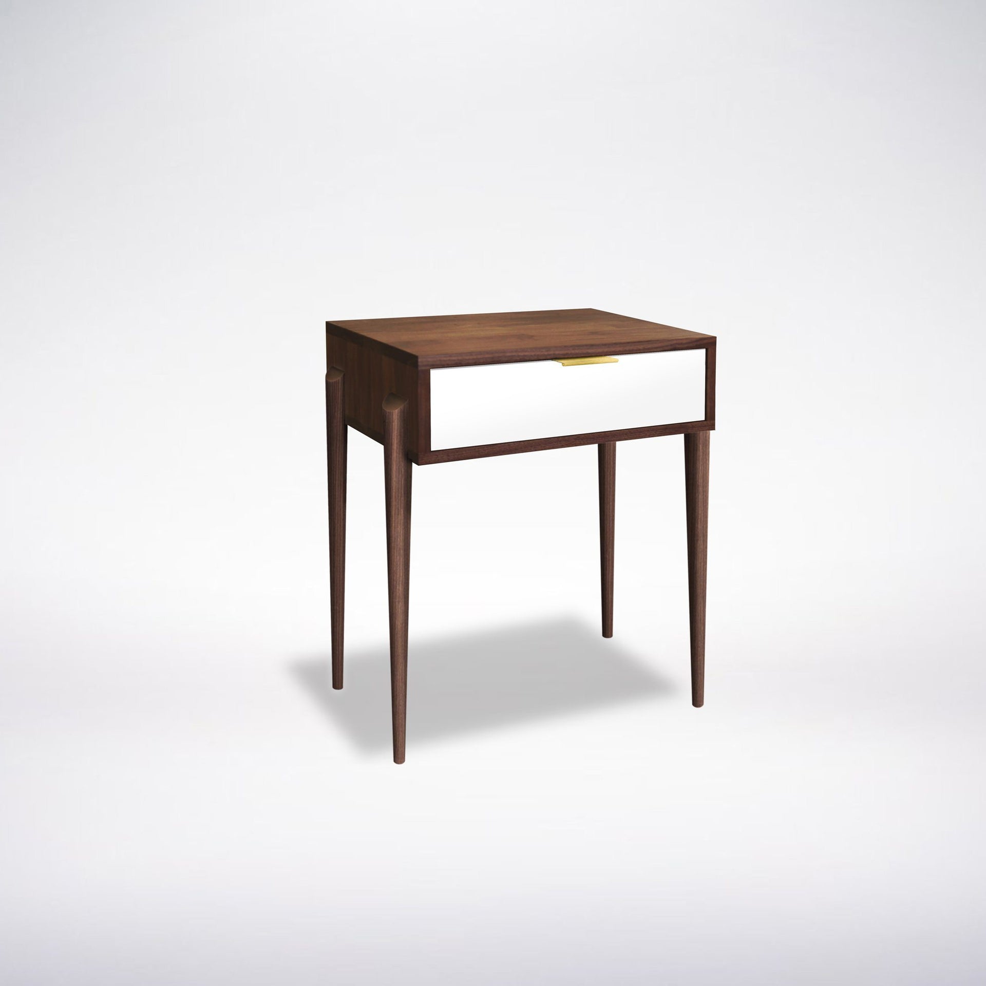 Solid wood side table with a white drawer face