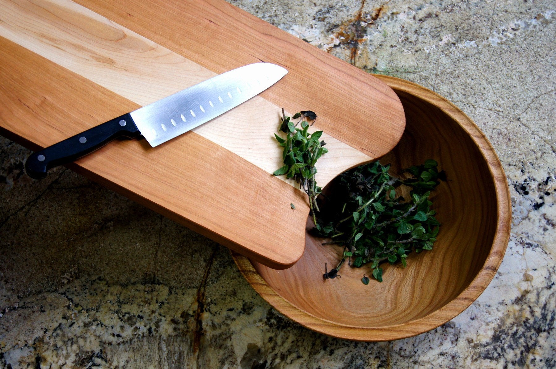 Mixed Wood Cutting Board with Integrated Bowl Scoop