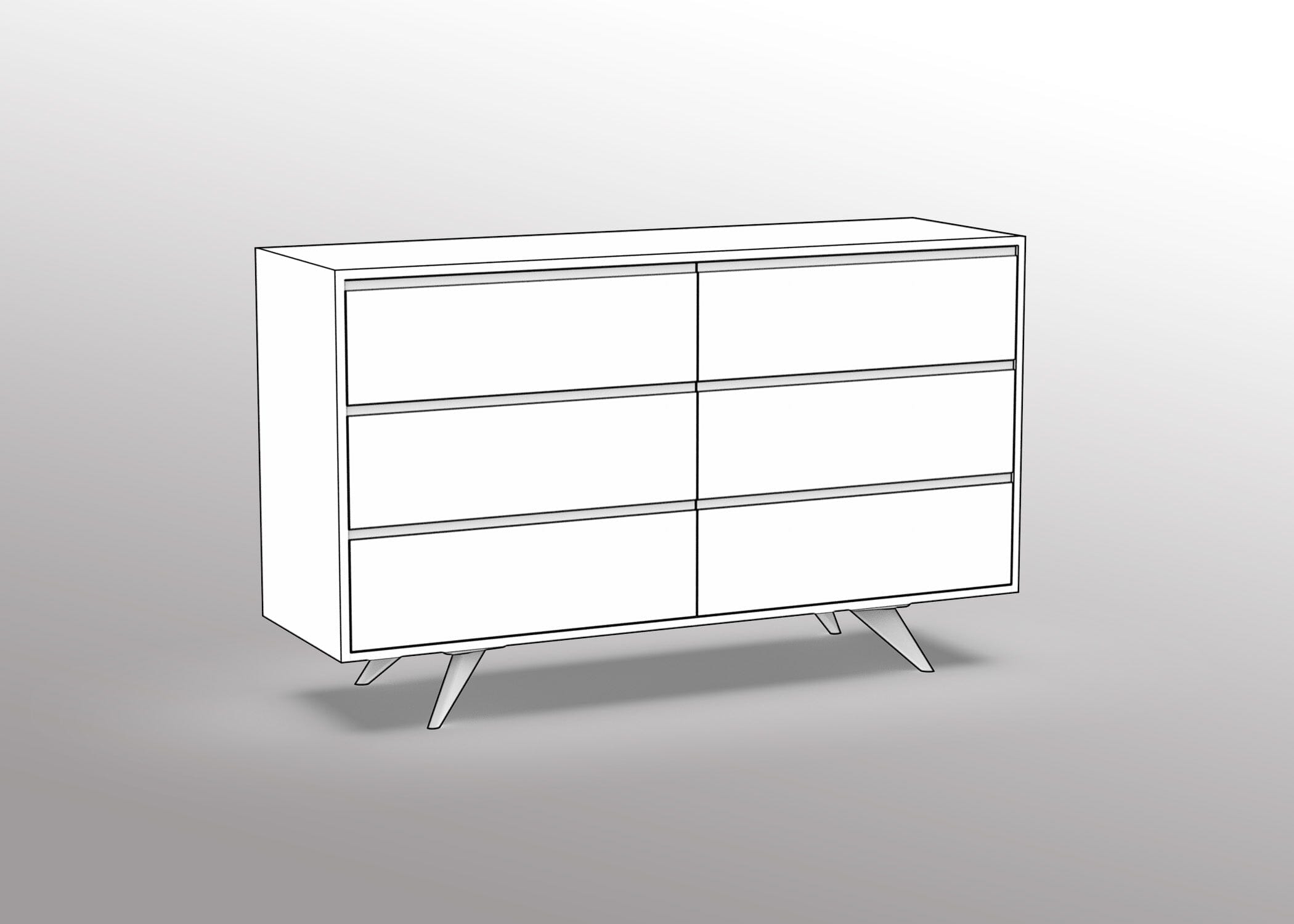 A simple line drawing of the T.Y. Fine Furniture Custom Modern Dresser 2×3 - Option 5 (18.5" deep, six drawers) with angled legs, featuring a minimalist design, shown against a gradient background. Available in Columbus OH.