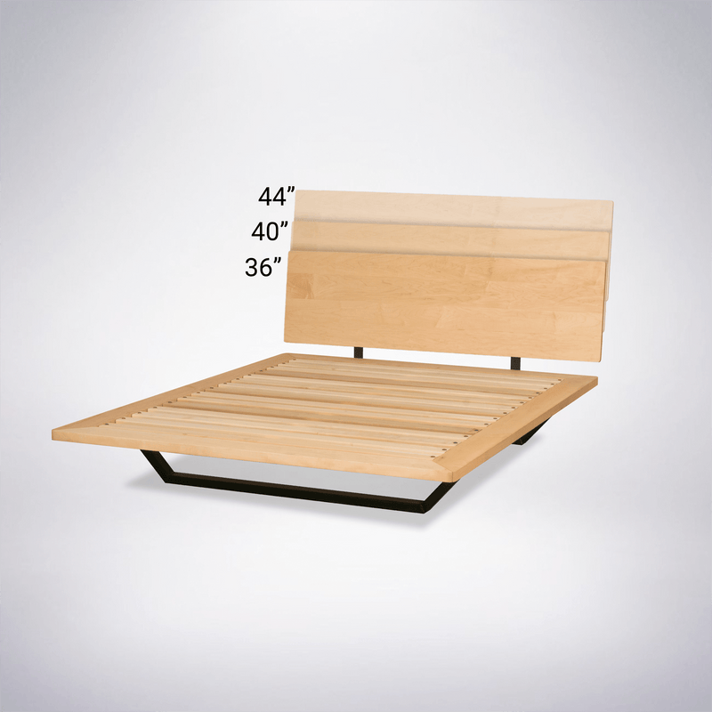 Solid wood bed frame with wooden slats and natural wood headboard