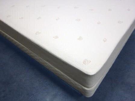 A close-up of the TY Sleep Organic Stretch Mattress Protector showcases its breathable organic cotton surface with a subtle leaf pattern, set against a blue floor.