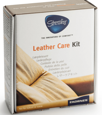 A box labeled Stressless Leather Kit by Stressless, showing tan leather images and multilingual text. Includes leather cleaner and protection wipes. Not suitable for nubuck or suede.