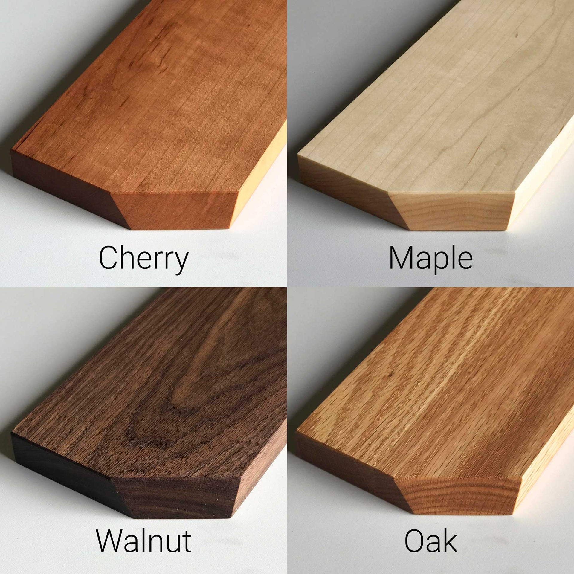 Solid wood samples in cherry, maple, walnut, and oak