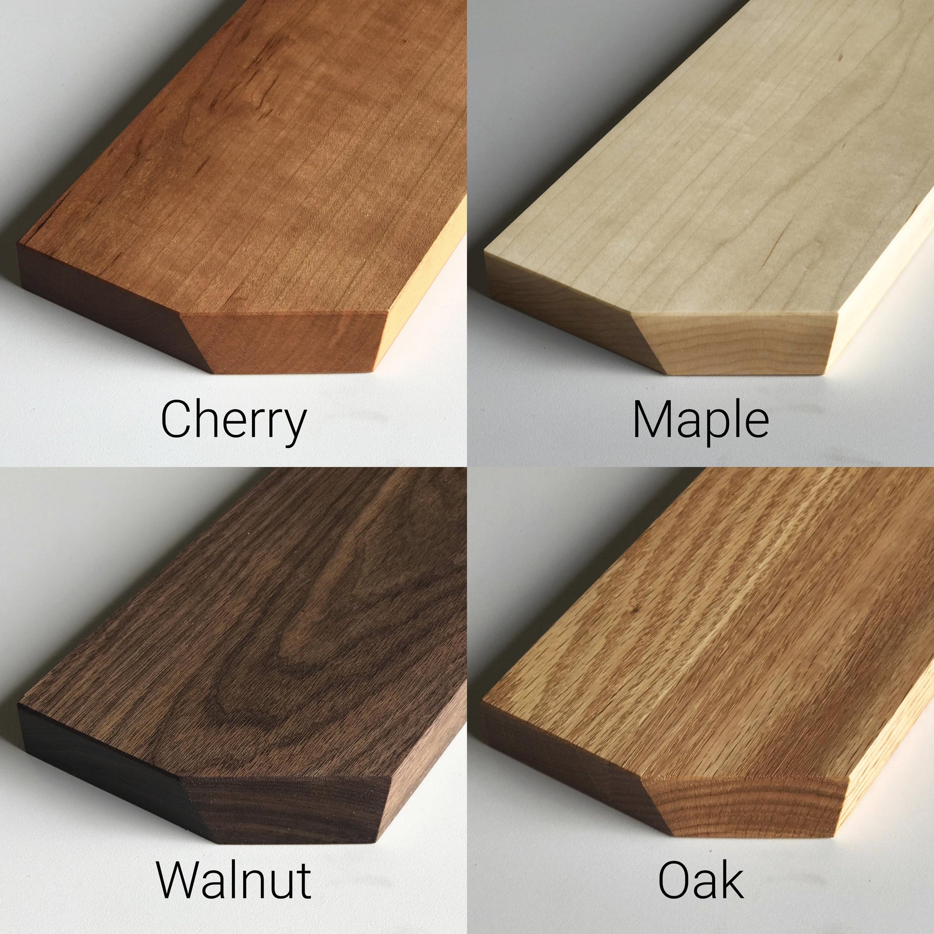 Samples of natural solid wood in cherry, walnut, oak, and maple