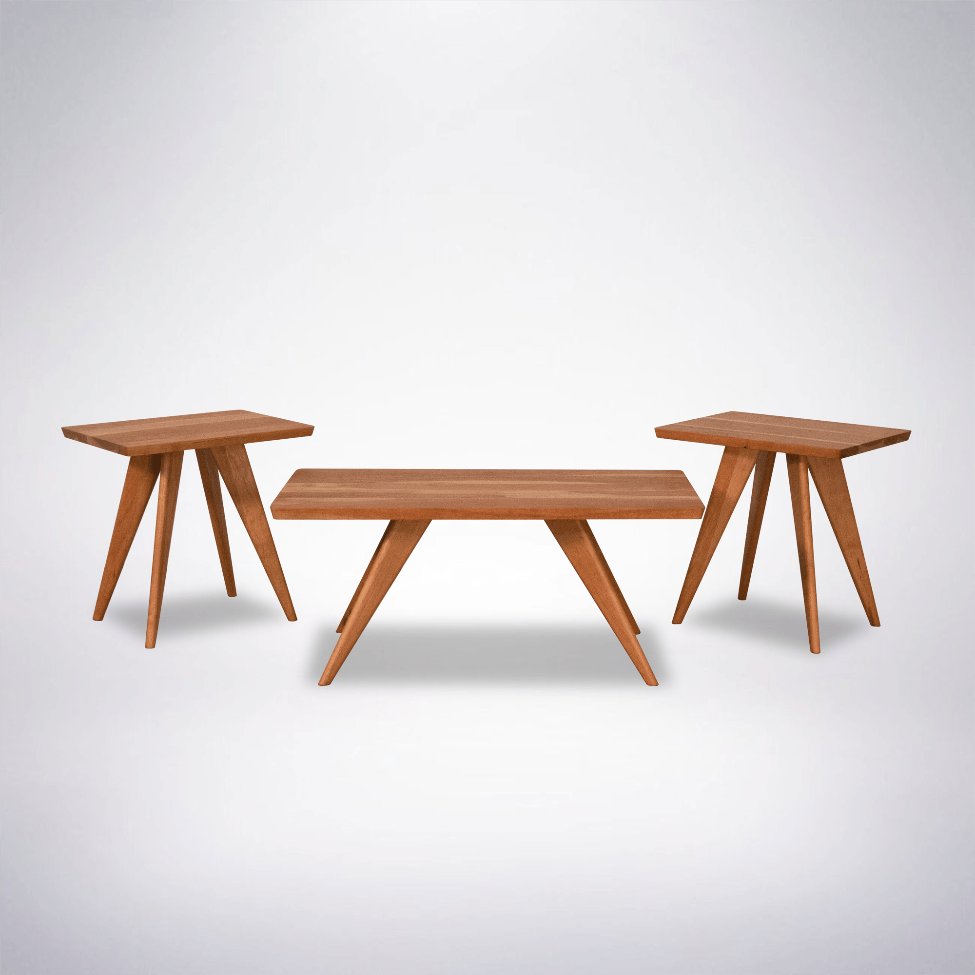 Three TY Fine Furniture Essentials Solid Wood Side Tables in cherry, featuring angled legs, are displayed on a white background alongside a matching rectangular coffee table.