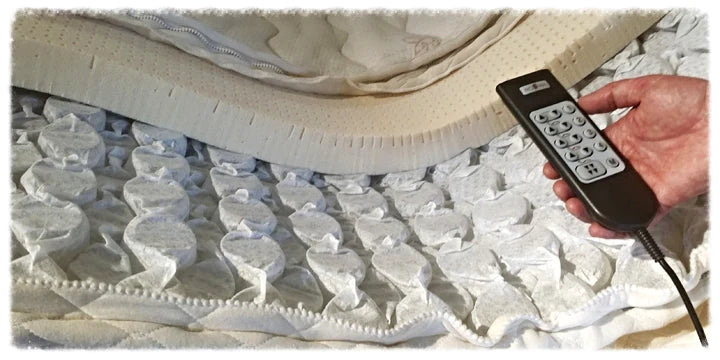 A hand holds a remote control near a partially unzipped TY Sleep Riviera mattress by TY Sleep, revealing its inner foam and interactive coil layers.