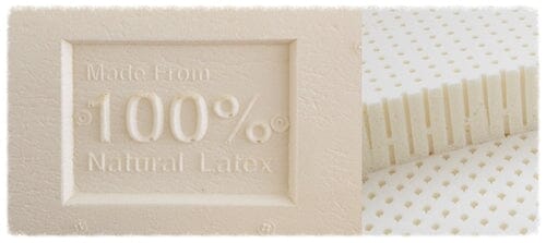 A close-up of the TY Sleep Luxury Mattress Topper by TY Sleep, Columbus OH, shows “Made From 100% Natural Latex” embossed on its surface, next to a cross-section highlighting holes and slits in the latex for optimal sleep health.