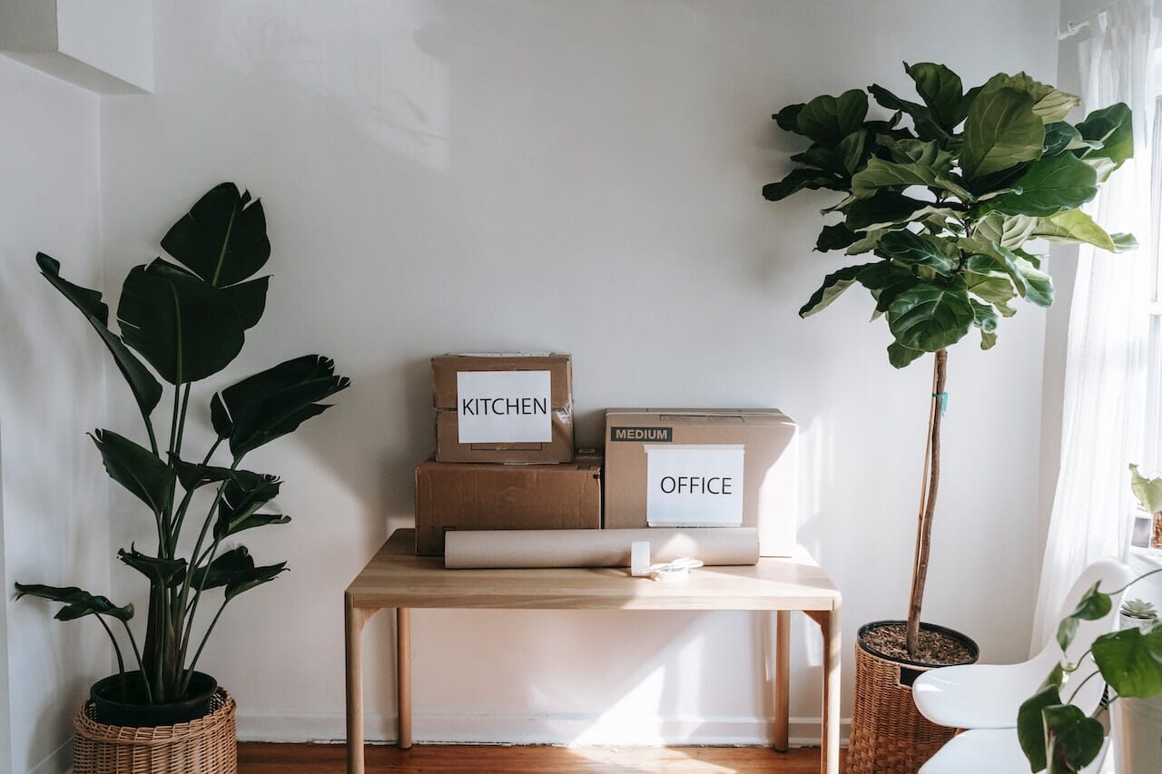 Brown Cardboard Boxes with Labels on Wooden Table