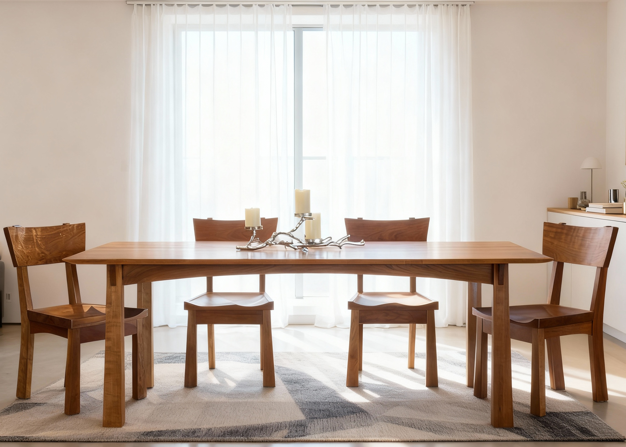 Large Dining Table with four chairs surrounding it in a simple dining room