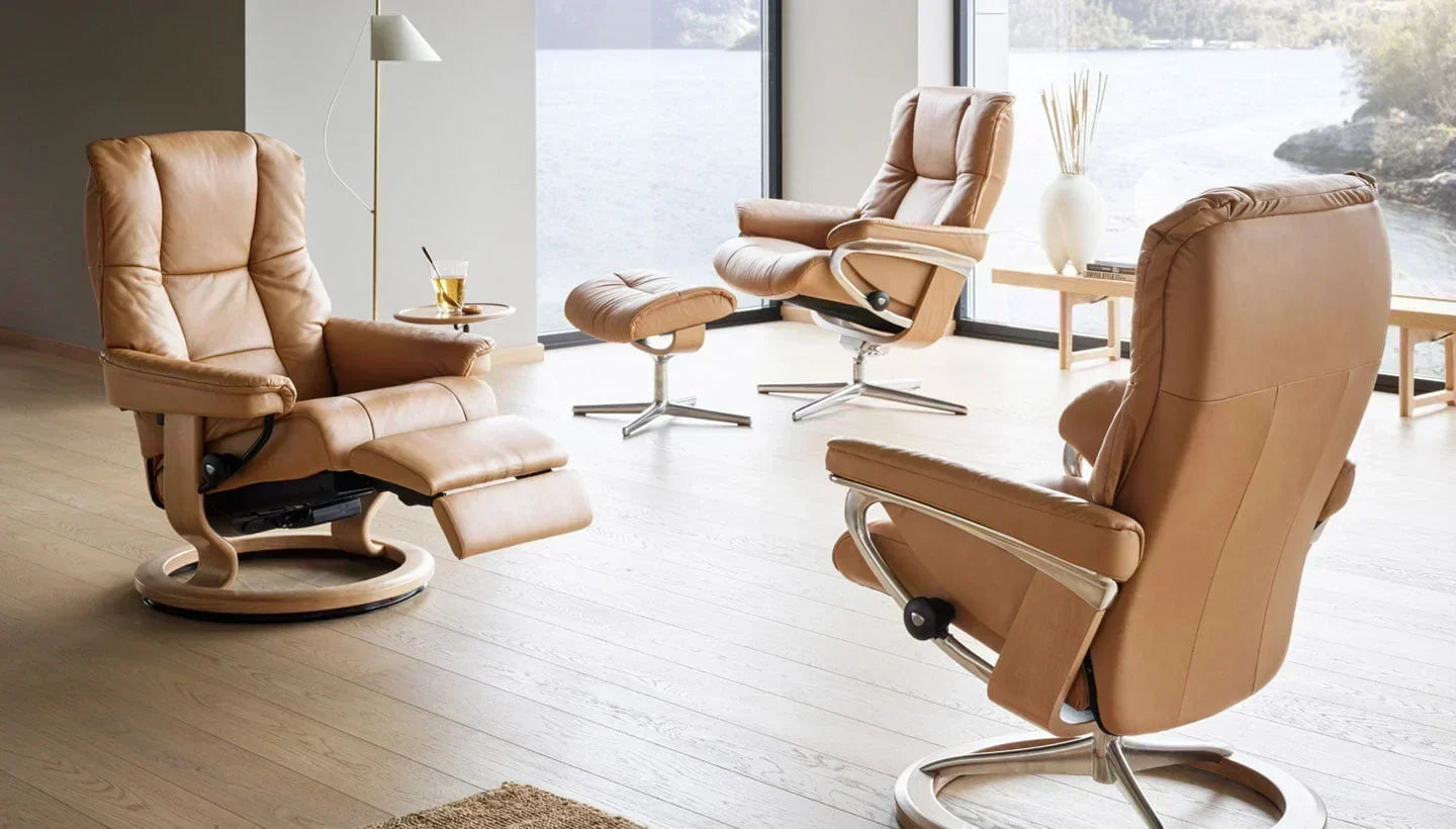 Stressless Recliners in Mayfair, featuring three bases, which are power classic, cross, and signature