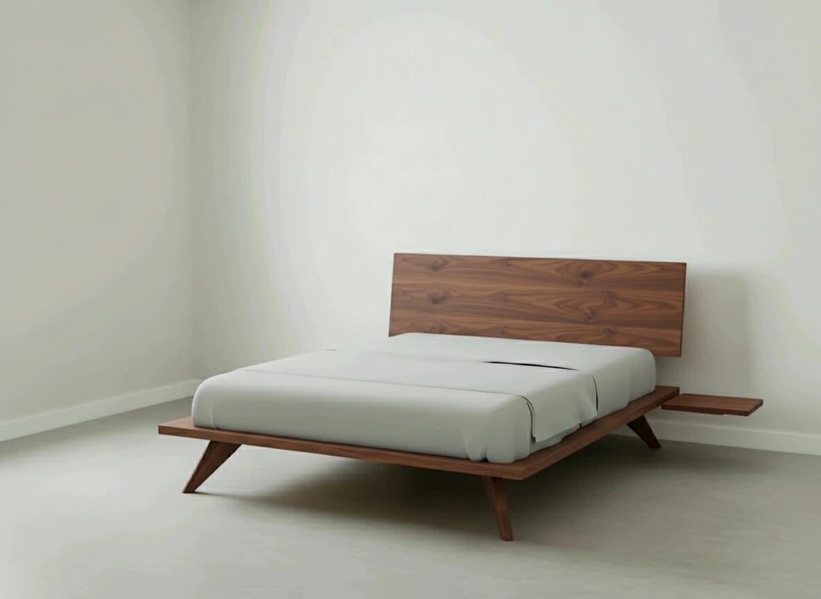 A minimalist bedroom with a mid-century modern wooden bed frame, white bedding, and a built-in side table against a plain white wall.