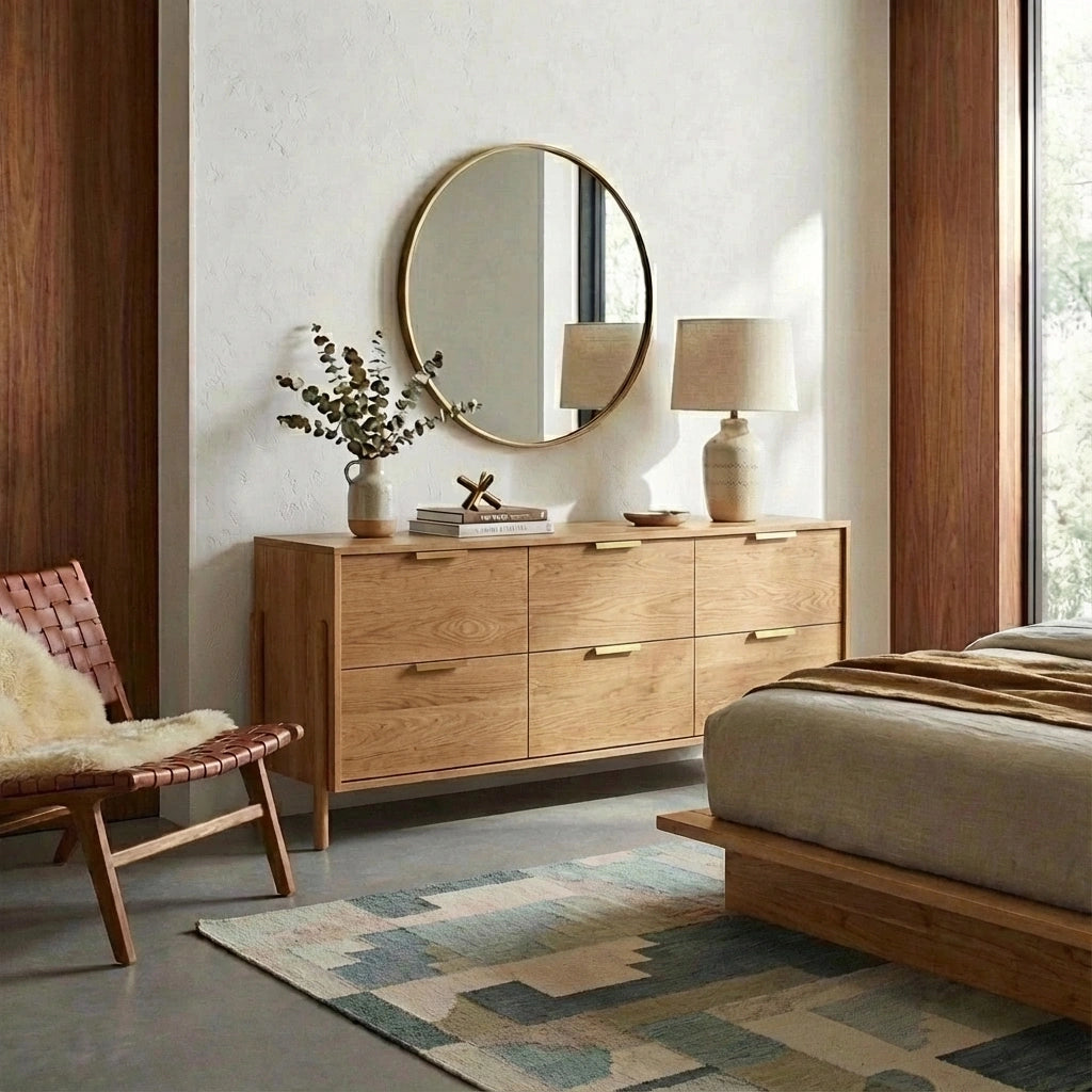A modern bedroom with the Apollo 6 Drawer Dresser by TY Fine Furniture in white oak, a round mirror, table lamp, vase with greenery, woven chair with fur throw, and geometric rug on a concrete floor. Large windows add natural light.