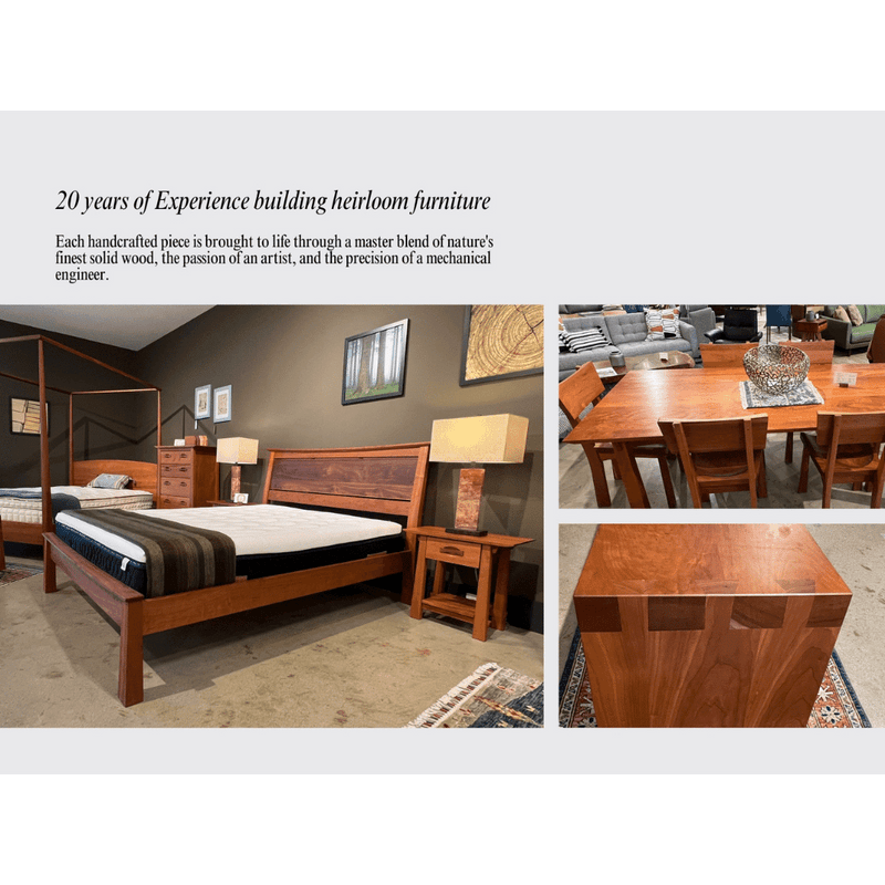 The Solid Cherry Dining Table - Enso Collection | TY Fine Furniture exemplifies 20 years of craftsmanship, blending art and nature with traditional Japanese woodworking in a stunning showroom display.