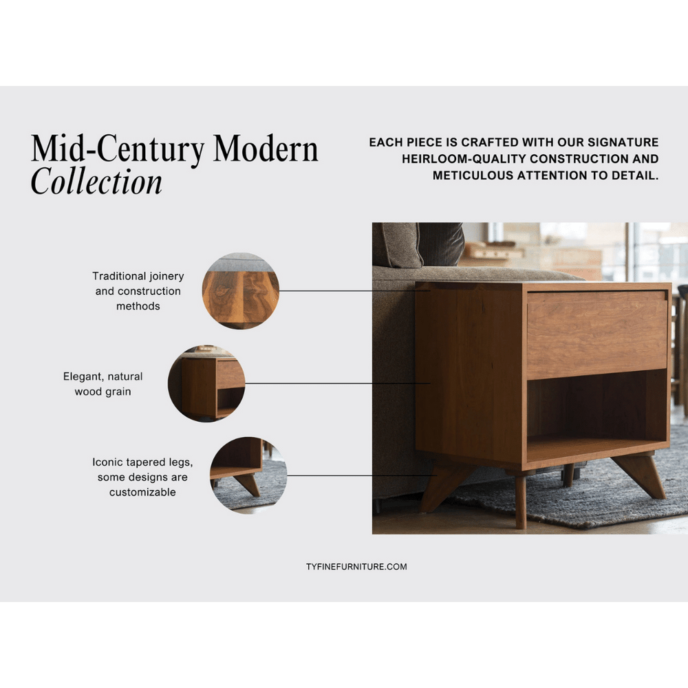 Small single-drawer nightstand in walnut finish on white background