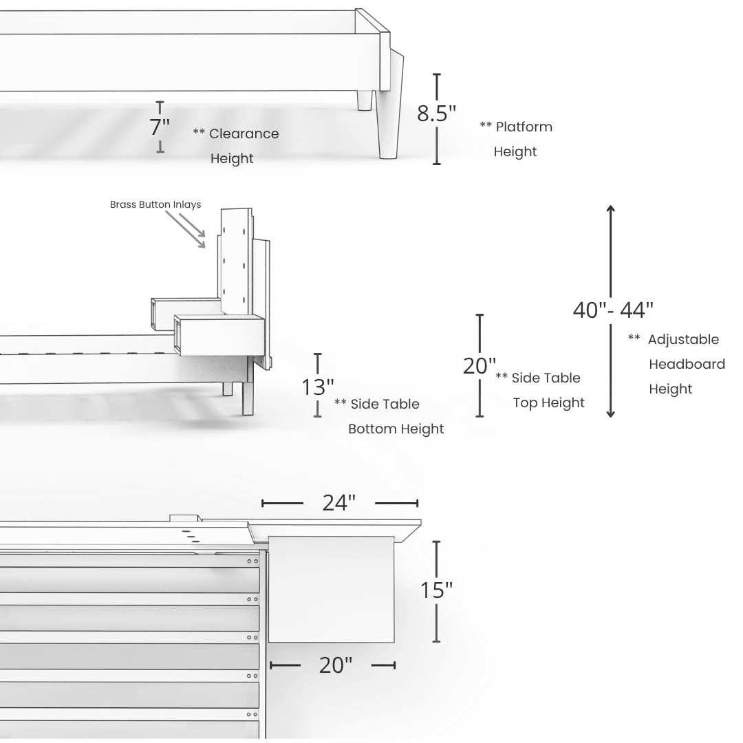 Black and white diagram showing measurements of the TY Fine Furniture Apollo Platform Bed with Integrated Tables: platform height 8.5", clearance 7", side table top 20" high, bottom 13", adjustable headboard 40-44". Solid wood, Mid-Century Modern style.