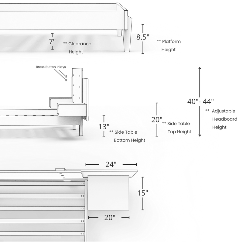 Black and white diagram showing measurements of the TY Fine Furniture Apollo Platform Bed with Integrated Tables: platform height 8.5", clearance 7", side table top 20" high, bottom 13", adjustable headboard 40-44". Solid wood, Mid-Century Modern style.