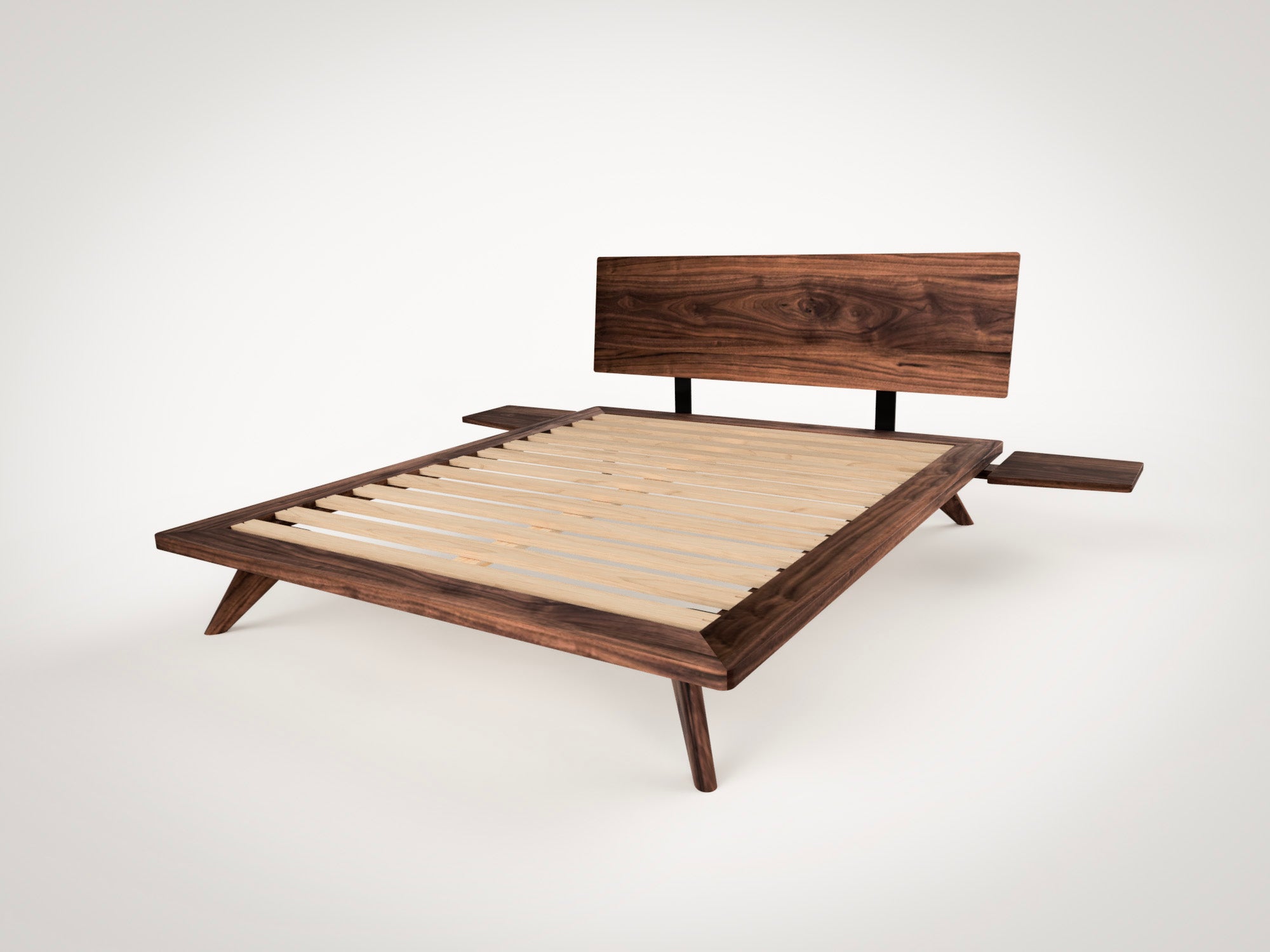 Atomic Platform Bed in walnut wood, in side view. The bed frame is made in USA, using locally-sourced hardwood. 