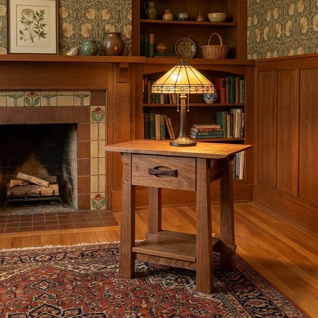 A cozy living room with wooden bookshelves, a tiled fireplace, and a patterned rug features the Enso Side Table With Drawer by TY Fine Furniture. This solid wood handmade cherry table holds a stained-glass lamp, adding warmth to the classic decor.