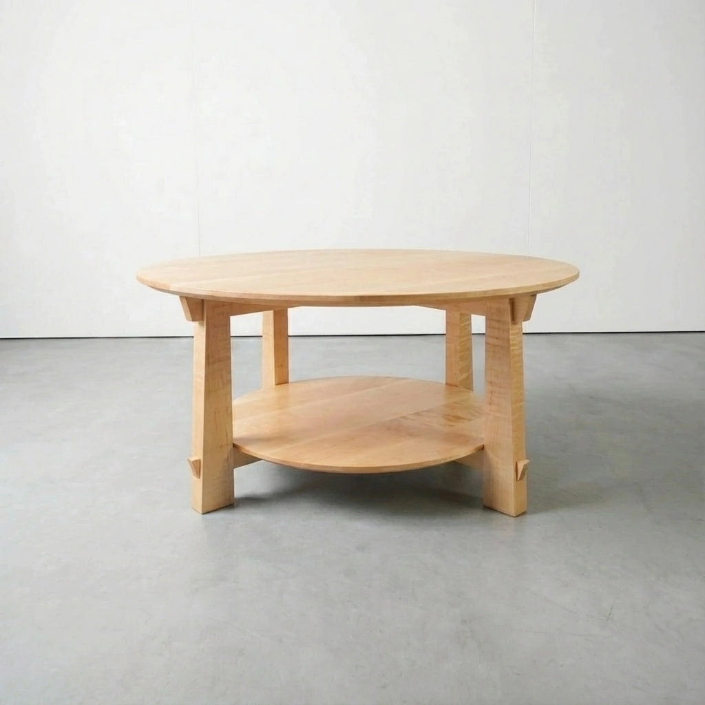 The Enso Round Coffee Table by TY Fine Furniture features a Japanese-inspired round design, solid maple wood crafted in Ohio, four legs, and a lower shelf, finished in light cherry and displayed on a gray floor against a white wall.