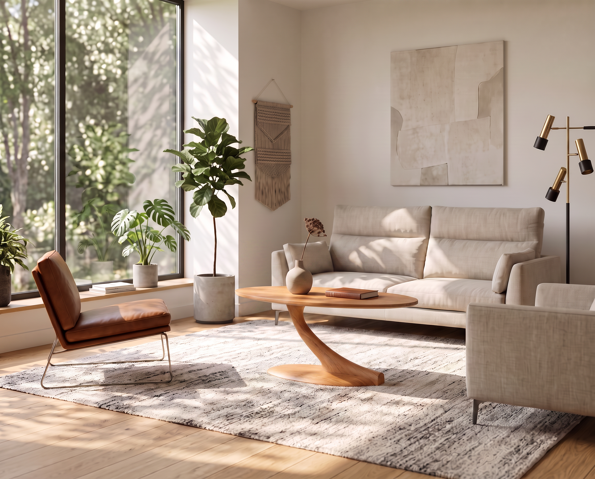 A modern living room with large windows, a beige sofa, abstract art, indoor plants, a rug, and a brown lounge chair. Sunlight streams in, illuminating the TY Fine Furniture Cantilever Oval Coffee Table Solid Wood- Cherry at the center of the space and creating a cozy and inviting atmosphere.