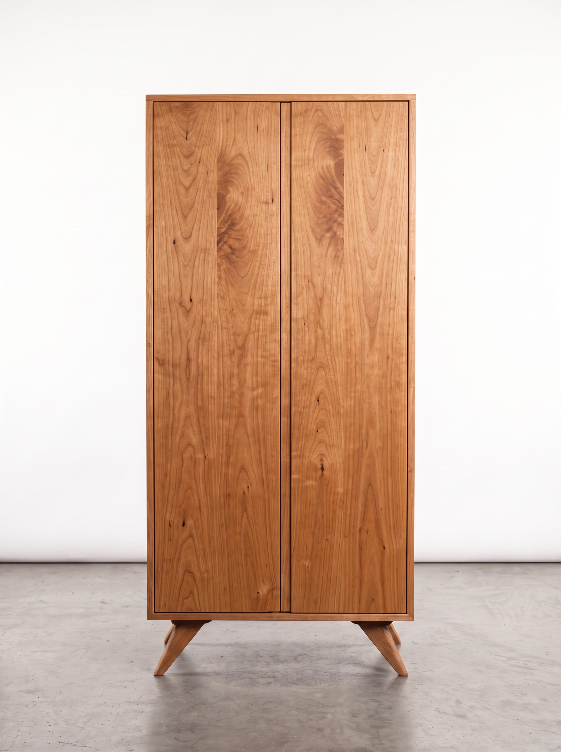 The Solid Cherry Tall Storage Cabinet from the Modern Collection by T.Y. Fine Furniture is crafted from solid wood and features two doors, angled legs, and a natural wood grain finish. Its minimalist, mid-century modern design makes it an ideal storage solution for any contemporary space.
