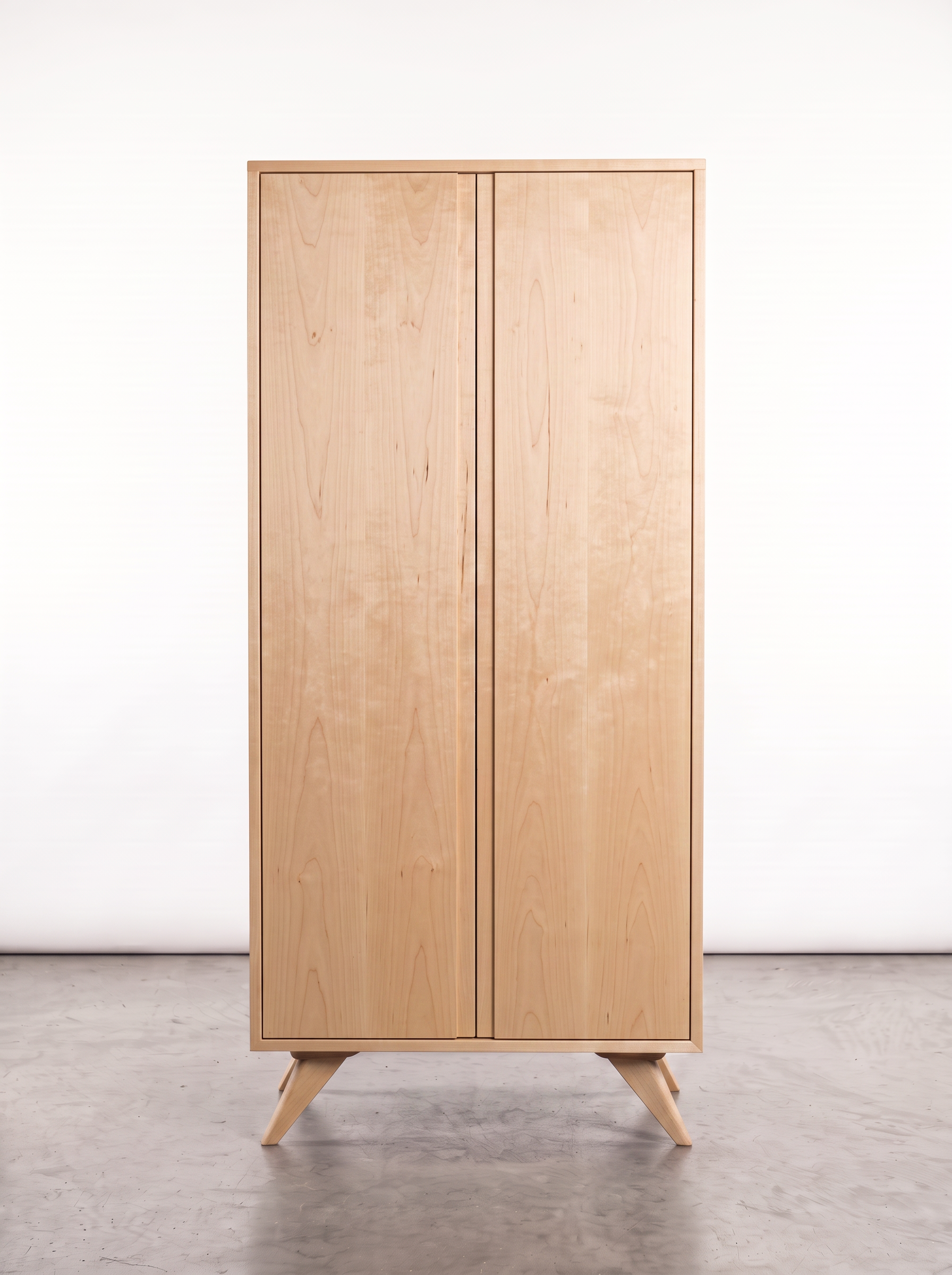 The Solid Maple Tall Storage Cabinet from the Modern Collection by T.Y. Fine Furniture stands gracefully on angled legs atop a gray concrete floor against a plain white background, presenting an elegant, light solid wood storage solution with two closed doors for contemporary interiors.