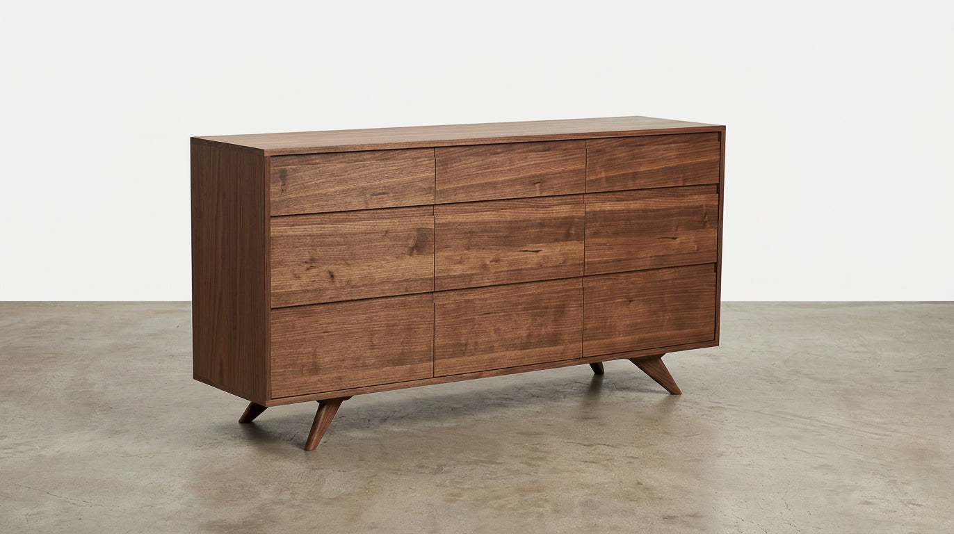 A handcrafted Solid Walnut 9-Drawer Triple Bank Dresser from TY Fine Furniture’s Modern Collection, featuring nine spacious drawers, solid wood construction, and a smooth finish, stands on angled legs atop a concrete floor against a plain white background.