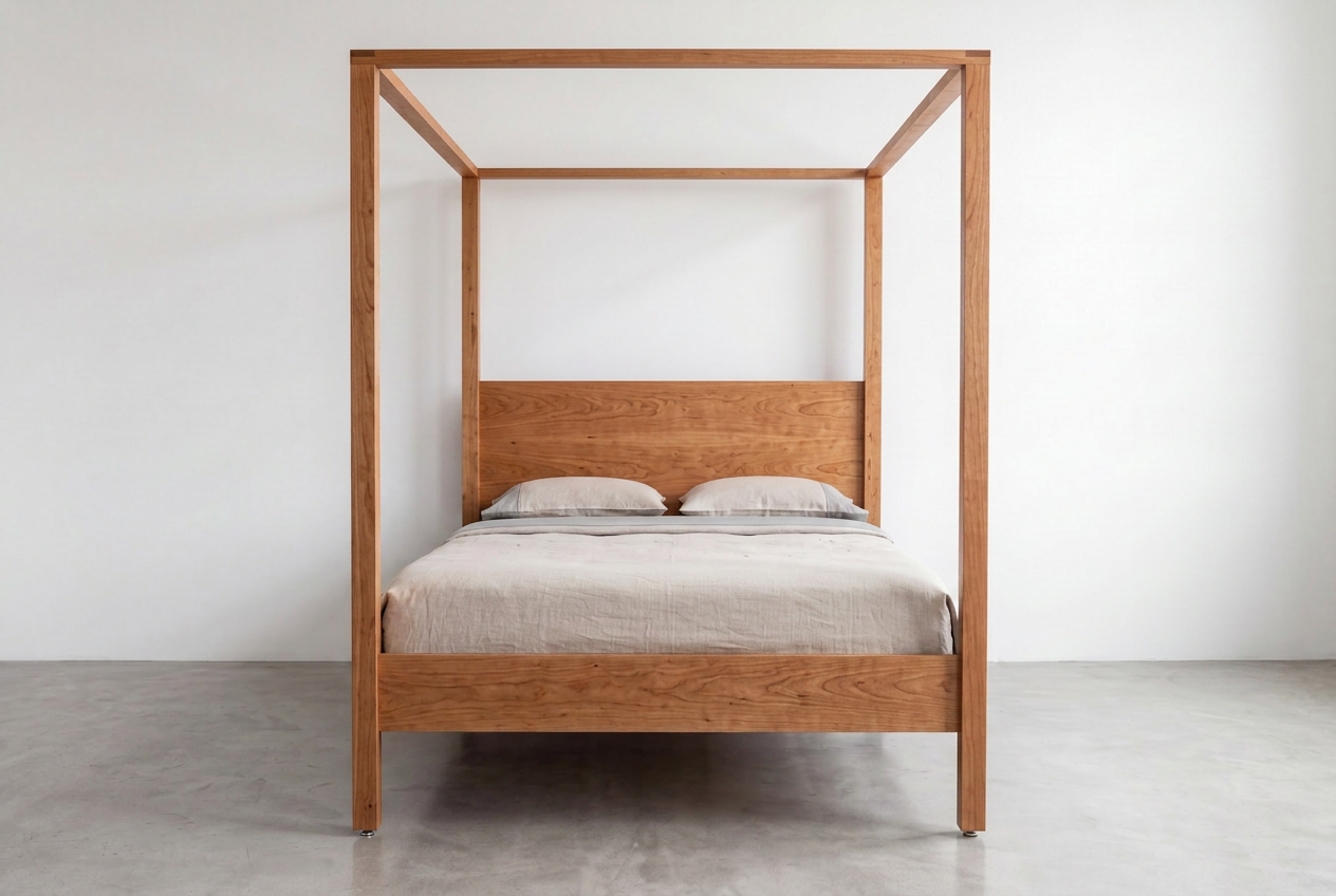The Modern Four Poster Bed - Solid Wood-Cherry by TY Fine Furniture showcases a minimalist design with a wooden frame, complemented by beige bedding and two pillows. Set against a plain white wall and concrete floor, this piece is ideal for those seeking contemporary bedroom furniture.