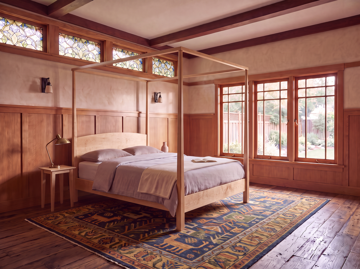 A cozy bedroom featuring the Solid Maple Pencil Post Canopy Bed from the Shaker Collection by TY Fine Furniture, which showcases a solid wood bed frame. The room includes light bedding, a colorful patterned rug, wood-paneled walls, and large windows that fill the space with natural light. A small table with a lamp sits beside the bed.